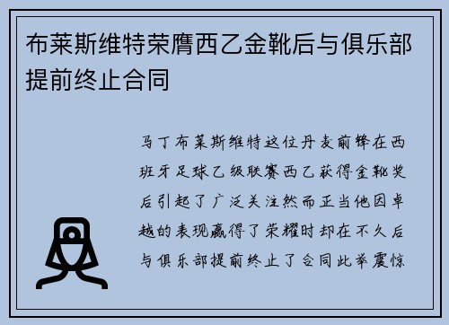 布莱斯维特荣膺西乙金靴后与俱乐部提前终止合同 布莱斯维特荣膺西乙金靴后与俱乐部提前终止合同